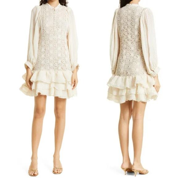 ByTimo Dress Womens Medium Cream Dot Jacquard Floral Crochet Mini Boho Coquette - Picture 1 of 14